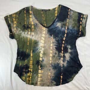 Coin 1804 Women's M Tie Dye V-Neck Short Sleeve Top Green Black Boho